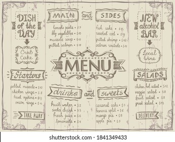 El menú ofrece un diseño de tablero de estilo antiguo para la cafetería o el restaurante, principal y lateral, bebidas y dulces, ensaladas y entrantes, plato del día y bar de bebidas alcohólicas. Fondo de madera