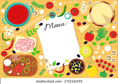 Menu list on the table with food ingredients. Vector illustration background.