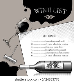 Menu list template with overturned transparent wineglass, poured red wine, bottle, paper sheet banner and corkscrew. Vector illustration