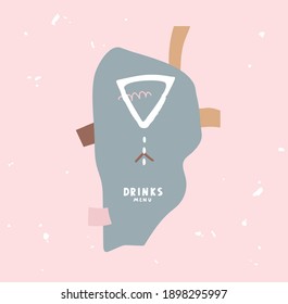 Menu logo for the bar. Composition of abstract shapes on a delicate pink background. A stylized image of a glass for drinks. Hand drawn various shapes. Food, leisure, holiday and entertainment theme