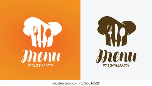 Menu logo. Chef hat and silverware. Cuisine, cooking symbol vector illustration