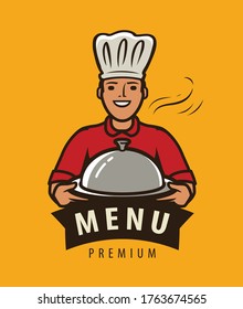 Menu logo or label. Happy chef with tray vector illustration