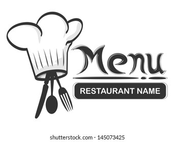 menu and logo of a restaurant with chef hat and fork and spoon