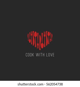 Menu Logo Restaurant Tableware Fork, Spoon, Knife Heart Shape Cafe Emblem, Cookbook Cover Background Mockup