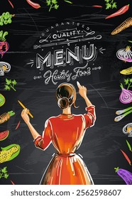 Menu logo template, chalkboard design. Young women writing with chalk on black chalkboard. Diet food for life. Healthy foods with benefits. Healthy and vegan food concept, vector illustration