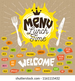 Menu Lunch time logo, fork, knife, breakfast time. Lettering, graphics logo, sketch style, light rays, tea, coffee; desserts, yummy, milk, salad, welcome. Hand drawn vector illustration.