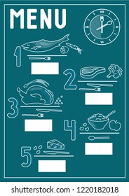 The menu with the main positions of dishes for the restaurant fast food, fish, meat, steak, porridge, soup, snacks. On a dark background with a white place for the price.