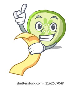 With menu mascot slice cucumber to cook vegetable