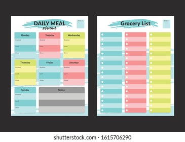 Menu Meal Planner And Grocery Shopping List Weekly Template For Print In Pastel Colorful Style