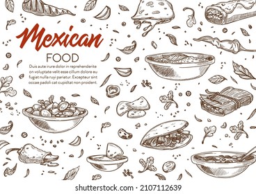 Menu of Mexican food and dishes in restaurants or cafes, bistro. Taco and burrito wrap, tortilla and vegetables with meat. Soup with spicy chili pepper and tomato. Monochrome sketch outline, vector