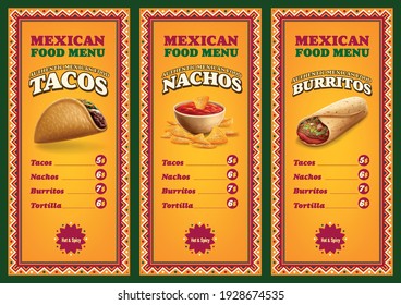 menu with Mexican food price list