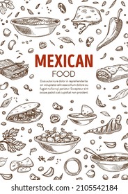 Menú para restaurantes o cafeterías mexicanos con platos y comida tradicional. Taco y quesadilla con pimienta de chile jalapeno, sopa y enrollado. Folleto o folleto publicitario, vector de esbozo monocromo