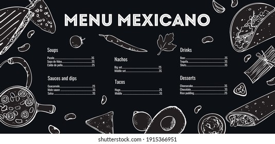 Menu mexicano design template. List of dishes and outline illustrations. Hand drawn vector sketch graphic. Black on white background