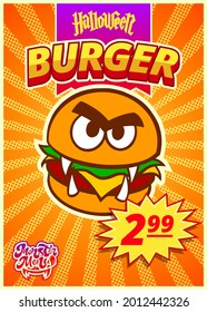 Menu monster with burger. A vertical banner with a price tag for a fast food cafe on Halloween day. Vector illustration.