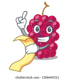 With menu mulbery fruit slices above mascot bowl