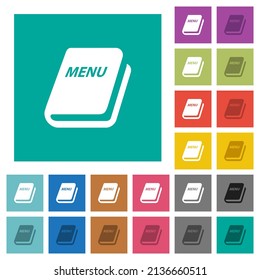 Menu multi colored flat icons on plain square backgrounds. Included white and darker icon variations for hover or active effects.
