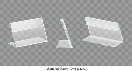 Menu, nameplate plastic or plexiglass table display, advertising materials, promo handouts acrylic holder front, side, back view 3d realistic vector objects set isolated on transparent background