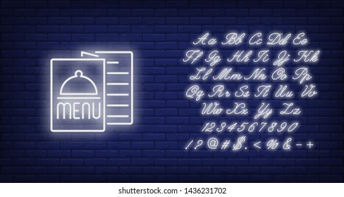 Menu neon sign. Luminous signboard with brochure. Night bright advertisement. Vector illustration in neon style for order, restaurant