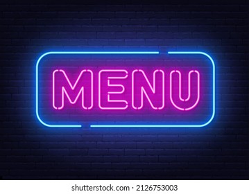 Menu neon sign on brick wall background