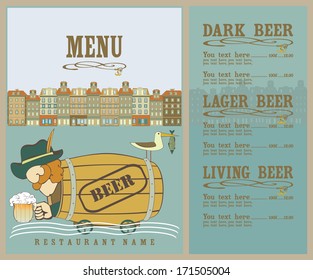 Menu with  oak  barrel. Restaurant menu contains the image of men who float  in a beer barrel, a town and a seagull with a fish.