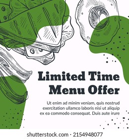 Menu offer, limited time proposal for breakfast or dinner, lunch of toast with cheese and vegetables. Monochrome sketch outline promotional banner, advertisement poster. Vector in flat style
