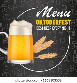 Menu, Oktoberfest, best beer every night lettering with beer mug. Holiday, celebration or offer design. Handwritten and typed text, calligraphy. For leaflets, invitations, posters or banners.