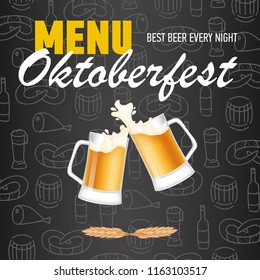 Menu, Oktoberfest lettering with clinking mugs of beer. Holiday, celebration or offer design. Handwritten and typed text, calligraphy. For brochures, invitations, posters or banners.