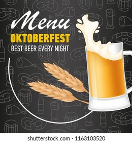 Menu, Oktoberfest lettering and mug of beer with foam. Holiday, celebration or offer design. Handwritten and typed text, calligraphy. For brochures, invitations, posters or banners.
