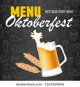 Menu, Oktoberfest lettering with wheat and mug of beer. Holiday, celebration or offer design. Handwritten and typed text, calligraphy. For leaflets, invitations, posters or banners.