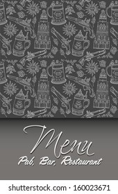 menu. old europe, background with beer mugs and old guns