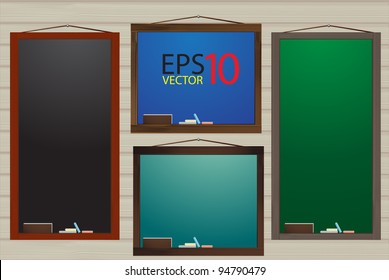 menu on blank blackboard on brown wood background. Vector template for design work