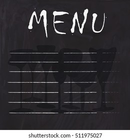 Menu on the chalkboard with the silhouette stemware and glasses.