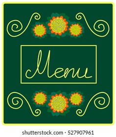 menu on a green background with three sunflowers and curls on top and bottom, vector illustration