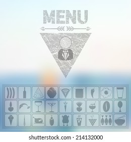 Menu of organic food Icons. Web interface and mobile app design with blurred effect background. Restaurant cover design template 
