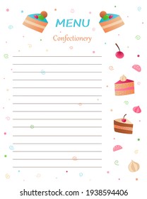 Menu page template with cake slices. Confectionery, pieces. Colored doodle objects on white.