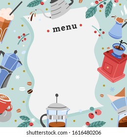 Menu page template for coffee shop or cafe. Banner with copy space for your text decorated with colorful hand drawn illustrations. Vector layout with blank space. Coffee maker and utensils, modern art