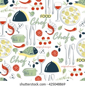  Menu pattern. Vector Illustration with funny food lettering and labels on white background. Multicolor.Seamless background with drink and food symbols.