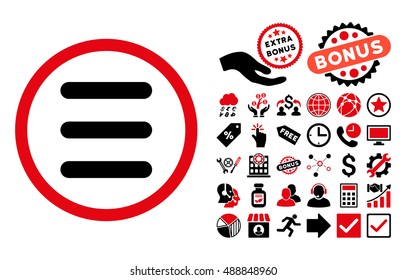 Menu pictograph with bonus pictograph collection. Vector illustration style is flat iconic bicolor symbols, intensive red and black colors, white background.