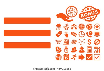 Menu pictograph with bonus symbols. Vector illustration style is flat iconic symbols, orange color, white background.