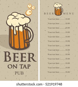 menu with picture beer glass on tap and price