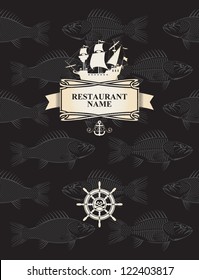 menu with a pirate sail and steering wheel on a background with the skeletons of fish