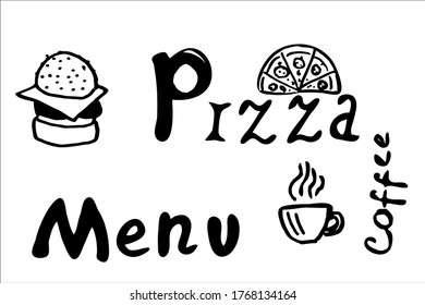 Menü, Pizza und Kaffee. Schreiben. Vektorgrafik.