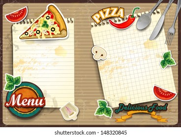 Menu for pizza with sheet of paper where you write the ingredients folding -Vintage effects can be removed-transparency blending effects and gradient mesh-EPS10