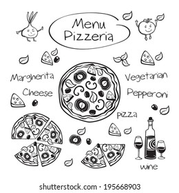 Menu pizzeria. Elements for pizzeria. Black and white. Vector illustration.