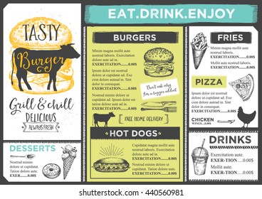 Menu place mat food restaurant brochure, menu template design. Vintage creative dinner template with hand-drawn graphic. 