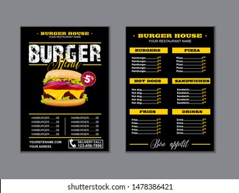 Menu placemat food restaurant brochure, menu template design. Vector food menu flyer. Gourmet menu board.