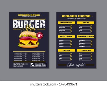 Menu placemat food restaurant brochure, menu template design. Vector food menu flyer. Gourmet menu board. eps10