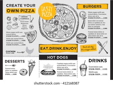 Menu placemat food restaurant brochure, menu template design. Vintage creative dinner template with hand-drawn graphic. Vector food menu flyer. Gourmet menu board.