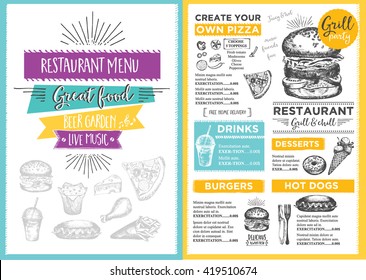 Menu placemat food restaurant brochure, menu template design. Vintage creative dinner template with hand-drawn graphic. Vector food menu flyer. Gourmet menu board.