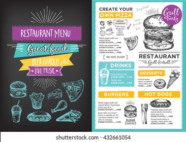 Menu placemat food restaurant brochure, menu template design. Vintage creative dinner template with hand-drawn graphic. Vector food menu flyer. Gourmet menu board.